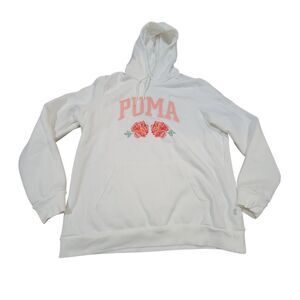 PUMA Faux Embroidered Floral Hoodie Womens XL White Pink Logo Sweatshirt